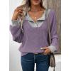 imageEVALESS Womens Fall Fashion 2025 Womens Long Sleeve Shirts Patchwork Button Up V Neck Sweatshirt Casual Pullover TopsPurple