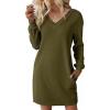 imageEVALESS Fall Dresses for Women 2025 Fashion V Neck Long Sleeve Summer Mini Dress Solid Casual Beach Vacation Clothes DressesMoss Green