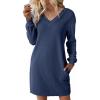 imageEVALESS Fall Dresses for Women 2025 Fashion V Neck Long Sleeve Summer Mini Dress Solid Casual Beach Vacation Clothes DressesNavy Blue
