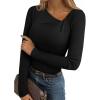 imageEVALESS Women Long Sleeve Pleated V Neck Rib Knit Slim Fit Shirts Basic Tops 2025 Casual TShirt Going Out Workout OutfitsBlack