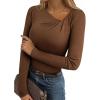 imageEVALESS Women Long Sleeve Pleated V Neck Rib Knit Slim Fit Shirts Basic Tops 2025 Casual TShirt Going Out Workout OutfitsCoffee