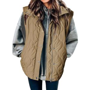 imageEVALESS Cropped Puffer Vest Women Lightweight Quilted Stand Collar Sleeveless Jackets Fall Winter 2025 Button Zip Up CoatKhaki