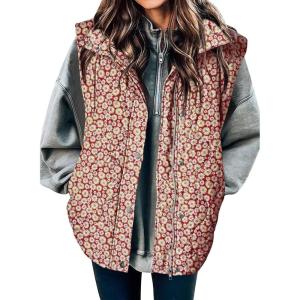 imageEVALESS Cropped Puffer Vest Women Lightweight Quilted Stand Collar Sleeveless Jackets Fall Winter 2025 Button Zip Up CoatRed Daisy