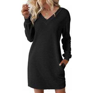 imageEVALESS Fall Dresses for Women 2025 Fashion V Neck Long Sleeve Summer Mini Dress Solid Casual Beach Vacation Clothes DressesBlack