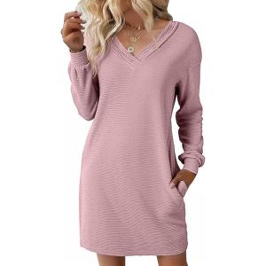 imageEVALESS Fall Dresses for Women 2025 Fashion V Neck Long Sleeve Summer Mini Dress Solid Casual Beach Vacation Clothes DressesFushia