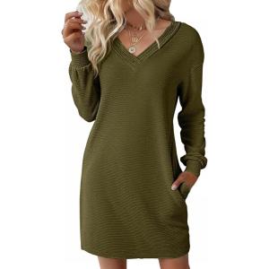 imageEVALESS Fall Dresses for Women 2025 Fashion V Neck Long Sleeve Summer Mini Dress Solid Casual Beach Vacation Clothes DressesMoss Green
