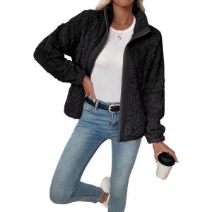 imageEVALESS Fleece Jacket Womens Sherpa Jacket Long Sleeve Zip Up Coat Winter Clothing Fashion 2025Black