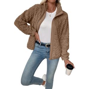 imageEVALESS Fleece Jacket Womens Sherpa Jacket Long Sleeve Zip Up Coat Winter Clothing Fashion 2025Brown