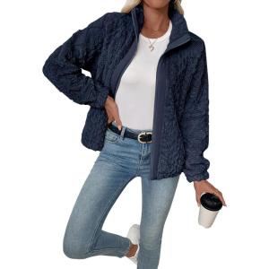 imageEVALESS Fleece Jacket Womens Sherpa Jacket Long Sleeve Zip Up Coat Winter Clothing Fashion 2025Navy Blue