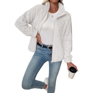 imageEVALESS Fleece Jacket Womens Sherpa Jacket Long Sleeve Zip Up Coat Winter Clothing Fashion 2025White