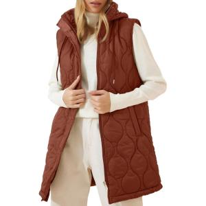 imageEVALESS Long Puffer Vest Women Sleeveless Hooded Puffer Jacket Lightweight Quilted Jackets Winter Warm Zip Up Coat OuterwearBrown