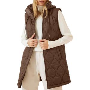 imageEVALESS Long Puffer Vest Women Sleeveless Hooded Puffer Jacket Lightweight Quilted Jackets Winter Warm Zip Up Coat OuterwearCoffee