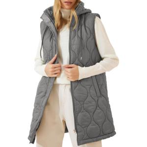 imageEVALESS Long Puffer Vest Women Sleeveless Hooded Puffer Jacket Lightweight Quilted Jackets Winter Warm Zip Up Coat OuterwearGrey
