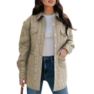 imageEVALESS Quilted Jackets for Women Lightweight Long Sleeve Button Down Puffer Jacket Warm Winter Coat Outerwear with Pockets2b Beige