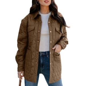 imageEVALESS Quilted Jackets for Women Lightweight Long Sleeve Button Down Puffer Jacket Warm Winter Coat Outerwear with Pockets3b Brown
