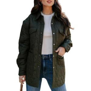 imageEVALESS Quilted Jackets for Women Lightweight Long Sleeve Button Down Puffer Jacket Warm Winter Coat Outerwear with PocketsB Green