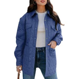imageEVALESS Quilted Jackets for Women Lightweight Long Sleeve Button Down Puffer Jacket Warm Winter Coat Outerwear with PocketsD Blue
