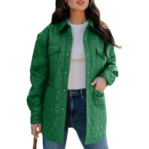 imageEVALESS Quilted Jackets for Women Lightweight Long Sleeve Button Down Puffer Jacket Warm Winter Coat Outerwear with PocketsD Green