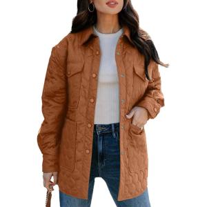 imageEVALESS Quilted Jackets for Women Lightweight Long Sleeve Button Down Puffer Jacket Warm Winter Coat Outerwear with PocketsD Orange