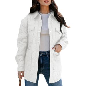 imageEVALESS Quilted Jackets for Women Lightweight Long Sleeve Button Down Puffer Jacket Warm Winter Coat Outerwear with PocketsD White