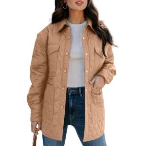 imageEVALESS Quilted Jackets for Women Lightweight Long Sleeve Button Down Puffer Jacket Warm Winter Coat Outerwear with PocketsE Pale Khaki