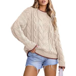 imageEVALESS Sweaters for Women Trendy Crewneck Long Sleeve Color Block Sweater Tops Fall 2025 Chunky Cable Knit Pullover SweatersBeige