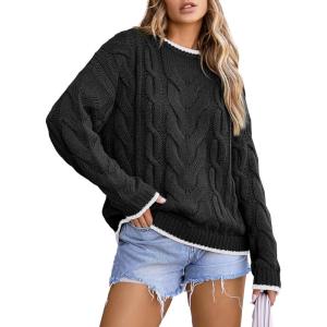 imageEVALESS Sweaters for Women Trendy Crewneck Long Sleeve Color Block Sweater Tops Fall 2025 Chunky Cable Knit Pullover SweatersBlack
