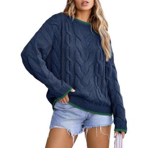 imageEVALESS Sweaters for Women Trendy Crewneck Long Sleeve Color Block Sweater Tops Fall 2025 Chunky Cable Knit Pullover SweatersBlue