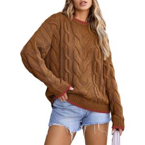imageEVALESS Sweaters for Women Trendy Crewneck Long Sleeve Color Block Sweater Tops Fall 2025 Chunky Cable Knit Pullover SweatersBrown