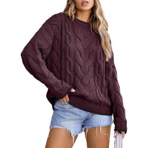 imageEVALESS Sweaters for Women Trendy Crewneck Long Sleeve Color Block Sweater Tops Fall 2025 Chunky Cable Knit Pullover SweatersBurgundy