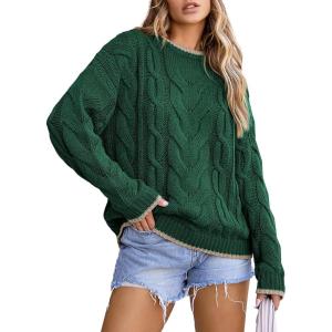 imageEVALESS Sweaters for Women Trendy Crewneck Long Sleeve Color Block Sweater Tops Fall 2025 Chunky Cable Knit Pullover SweatersDark Green