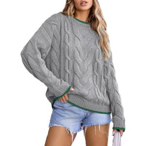imageEVALESS Sweaters for Women Trendy Crewneck Long Sleeve Color Block Sweater Tops Fall 2025 Chunky Cable Knit Pullover SweatersGray