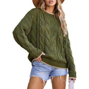 imageEVALESS Sweaters for Women Trendy Crewneck Long Sleeve Color Block Sweater Tops Fall 2025 Chunky Cable Knit Pullover SweatersGreen