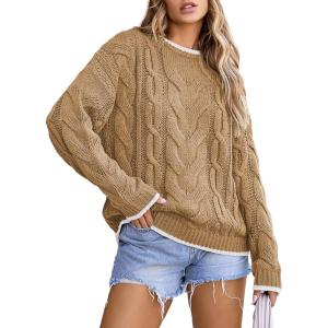 imageEVALESS Sweaters for Women Trendy Crewneck Long Sleeve Color Block Sweater Tops Fall 2025 Chunky Cable Knit Pullover SweatersKhaki