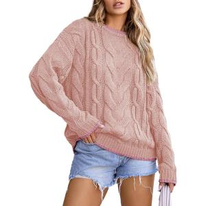 imageEVALESS Sweaters for Women Trendy Crewneck Long Sleeve Color Block Sweater Tops Fall 2025 Chunky Cable Knit Pullover SweatersPink