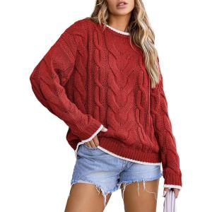 imageEVALESS Sweaters for Women Trendy Crewneck Long Sleeve Color Block Sweater Tops Fall 2025 Chunky Cable Knit Pullover SweatersRed