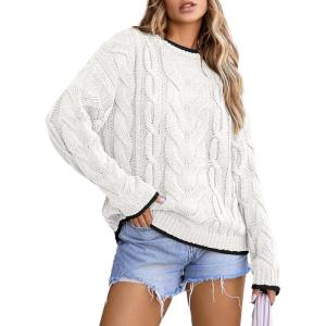 imageEVALESS Sweaters for Women Trendy Crewneck Long Sleeve Color Block Sweater Tops Fall 2025 Chunky Cable Knit Pullover SweatersWhite