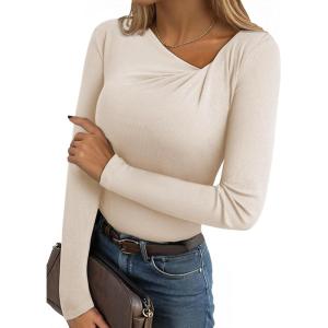 imageEVALESS Women Long Sleeve Pleated V Neck Rib Knit Slim Fit Shirts Basic Tops 2025 Casual TShirt Going Out Workout OutfitsApricot