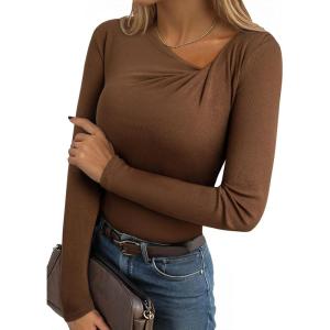 imageEVALESS Women Long Sleeve Pleated V Neck Rib Knit Slim Fit Shirts Basic Tops 2025 Casual TShirt Going Out Workout OutfitsCoffee