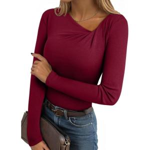imageEVALESS Women Long Sleeve Pleated V Neck Rib Knit Slim Fit Shirts Basic Tops 2025 Casual TShirt Going Out Workout OutfitsRed Dahlia