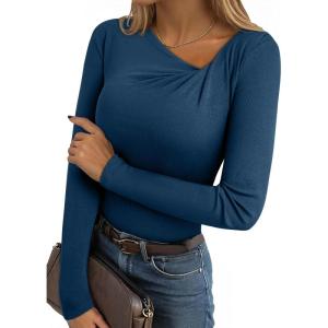 imageEVALESS Women Long Sleeve Pleated V Neck Rib Knit Slim Fit Shirts Basic Tops 2025 Casual TShirt Going Out Workout OutfitsSail Blue