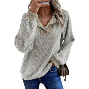imageEVALESS Womens Fall Fashion 2025 Womens Long Sleeve Shirts Patchwork Button Up V Neck Sweatshirt Casual Pullover TopsBeige