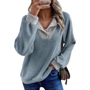 imageEVALESS Womens Fall Fashion 2025 Womens Long Sleeve Shirts Patchwork Button Up V Neck Sweatshirt Casual Pullover TopsDusk Blue