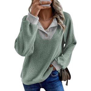 imageEVALESS Womens Fall Fashion 2025 Womens Long Sleeve Shirts Patchwork Button Up V Neck Sweatshirt Casual Pullover TopsGrass Green