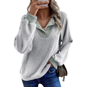 imageEVALESS Womens Fall Fashion 2025 Womens Long Sleeve Shirts Patchwork Button Up V Neck Sweatshirt Casual Pullover TopsLight Grey