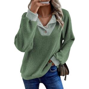 imageEVALESS Womens Fall Fashion 2025 Womens Long Sleeve Shirts Patchwork Button Up V Neck Sweatshirt Casual Pullover TopsMist Green