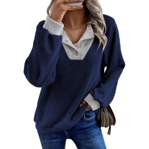 imageEVALESS Womens Fall Fashion 2025 Womens Long Sleeve Shirts Patchwork Button Up V Neck Sweatshirt Casual Pullover TopsSail Blue