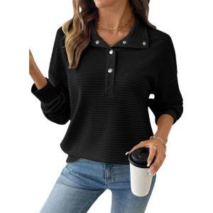 imageEVALESS Womens Oversized Sweatshirts Hoodies Casual V Neck Button Up Henley Collared Long Sleeve Shirts Pullover TopsBlack