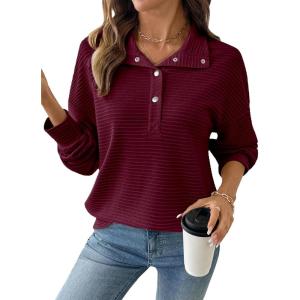 imageEVALESS Womens Oversized Sweatshirts Hoodies Casual V Neck Button Up Henley Collared Long Sleeve Shirts Pullover TopsBurgundy