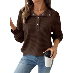 imageEVALESS Womens Oversized Sweatshirts Hoodies Casual V Neck Button Up Henley Collared Long Sleeve Shirts Pullover TopsCoffee